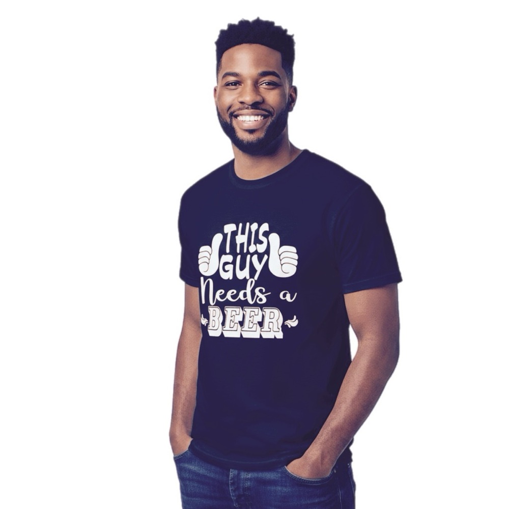 This guy needs a beer dark blue and white graphic T shirt
